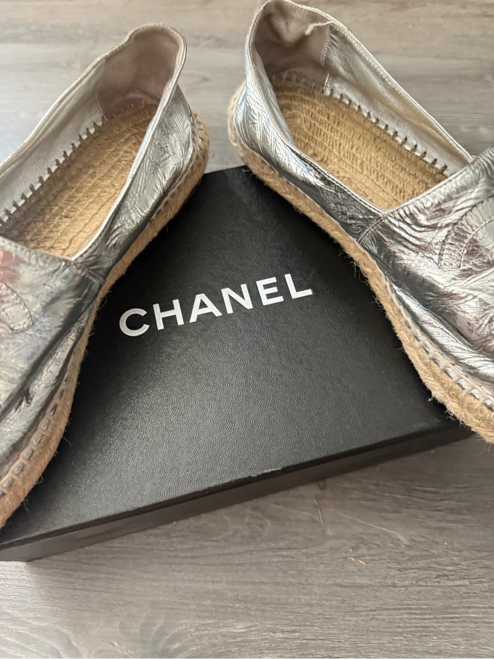 CHANEL Metallic Silver Espadrille Flats with CC Logo